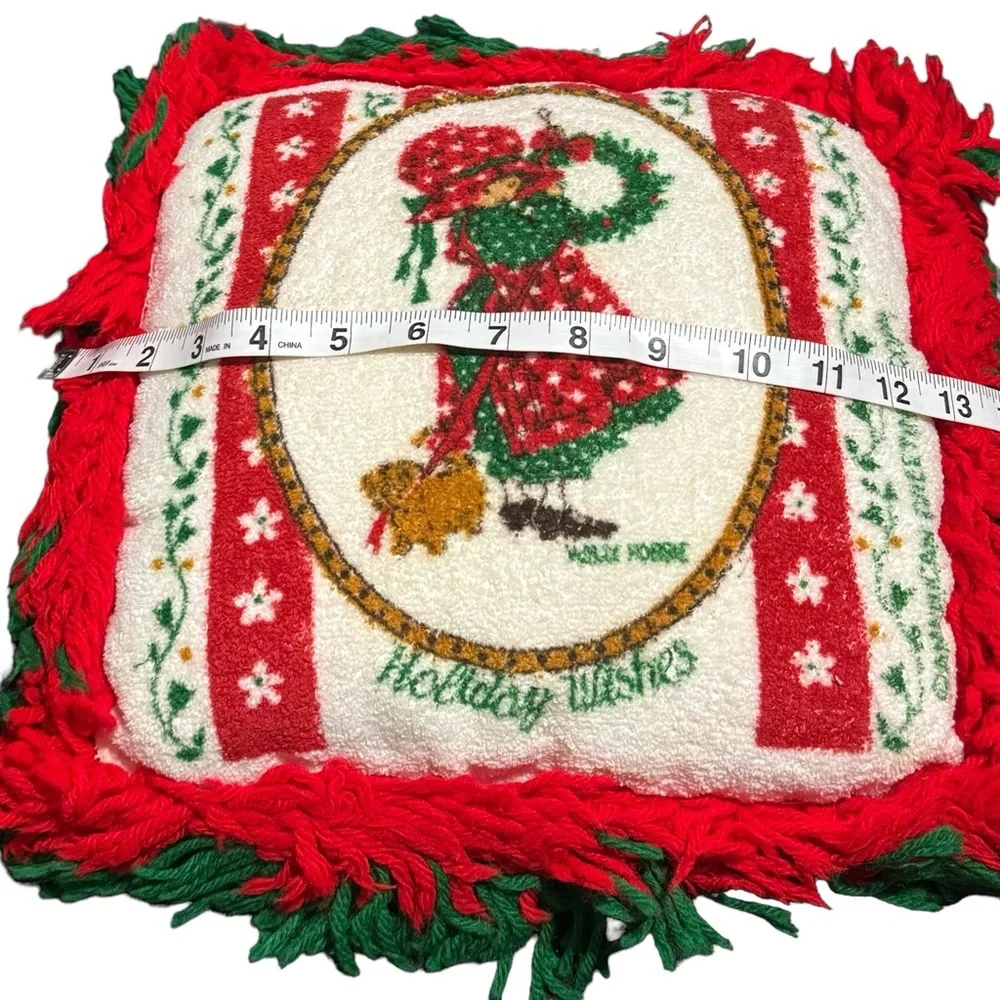 Vintage Holly Hobbie Handmade Christmas Yarn Throw Pillow